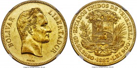 Republic gold 100 Bolivares 1887 AU55 NGC, Caracas mint, KM-Y34. A lovely example of this popular type that has seen only minimal circulation. 

HID99...