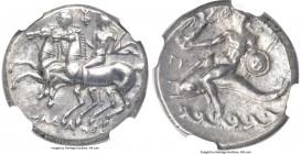 CALABRIA. Tarentum. Ca. 281-240 BC. AR didrachm or nomos (20mm, 6.45 gm, 10h). NGC AU S 4/5 - 5/5. Sedamos, Fy- and Gy, magistrates. The Dioscuri on h...