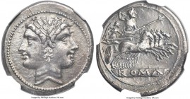 Anonymous. Ca. 225-214 BC. AR didrachm or quadrigatus (22mm, 6.65 gm, 4h). NGC Choice XF S 5/5 - 4/5, Fine Style. Rome. Laureate head of Janus / Jupit...
