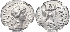 Marcus Junius Brutus, assassin of Caesar and Imperator (44-42 BC). AR denarius (18mm, 3.79 gm, 12h). NGC Choice AU 4/5 - 5/5. Military mint moving wit...