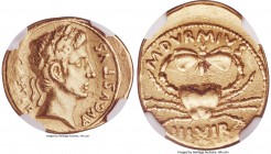 Augustus (27 BC-AD 14). AV aureus (20mm, 8.23 gm, 9h). NGC XF 4/5 - 3/5, marks. 19 BC, M. Durmius, moneyer. CAESAR-AVGVSTVS, oak-wreathed head of Augu...