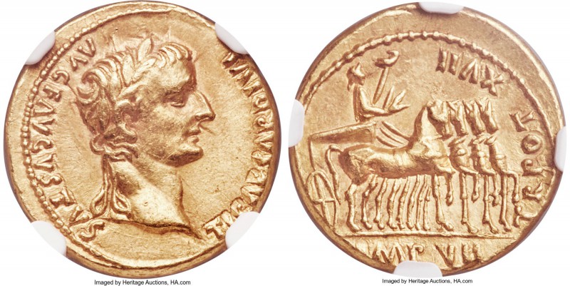 Tiberius (AD 14-37). AV aureus (19mm, 7.80 gm, 4h). NGC Choice AU 4/5 - 4/5. Lug...