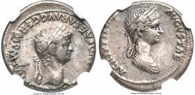 Claudius I with Agrippina Junior (AD 41-54). AR denarius (19mm, 3.54 gm, 5h). NGC Choice VF 4/5 - 2/5. Rome, AD 50-51. TI CLAVD CAESAR AVG GERM P M TR...