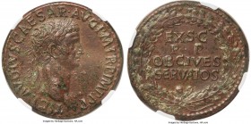 Claudius I (AD 41-54). AE sestertius (35mm, 28.56 gm, 7h). NGC AU 5/5 - 3/5, Fine Style. Rome, AD 50-54. TI•CLAVDIVS•CAESAR•AVG•P•M•TR•P•IMP•P•P•, lau...