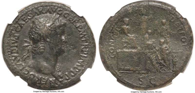Nero (AD 54-68). AE sestertius (35mm, 27.00 gm, 6h). NGC XF 5/5 - 2/5, Fine Styl...