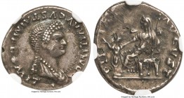 Domitia (AD 82-96). AR/AE fourrée denarius (19mm, 2.57 gm, 5h). NGC Choice XF 4/5 - 1/5, core visible. Ancient forgery of Rome, AD 82-83. DOMITIA AVGV...