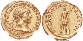 Trajan (AD 98-117). AV aureus (19mm, 7.32 gm, 7h). NGC Choice AU S 5/5 - 4/5, Fine Style. Rome, AD 104. IMP TRAIANO AVG GER DAC P M TR P COS V P P, la...