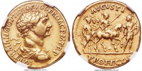 Trajan (AD 98-117). AV Aureus (19mm, 7.34 gm, 7h). NGC Choice VF 5/5 - 4/5, Fine Style. Rome, AD 114-117. IMP TRAIANO OPTIMO AVG GER DAC P M TR P, lau...
