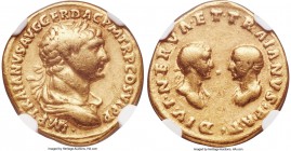 Trajan (AD 98-117), with Divus Nerva and Divus Trajan Pater. AV aureus (18mm, 7.16 gm, 7h). NGC Choice Fine 5/5 - 4/5. Rome, AD 112-117. •IMP TRAIANVS...