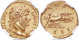 Hadrian (AD 117-138). AV aureus (19mm, 7.32 gm, 6h). NGC Choice AU 5/5 - 3/5, Fine Style, marks. Rome, AD 125-128. HADRIANVS-AVGVSTVS, laureate bust o...