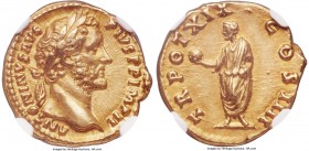 Antoninus Pius (AD 138-161). AV aureus (18mm, 7.36 gm, 6h). NGC Choice AU 5/5 - 4/5. Rome, AD 155-156. ANTONINVS AVG-PIVS P P IMP II, laureate head of...