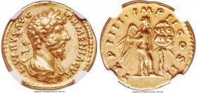 Lucius Verus (AD 161-169). AV aureus (20mm, 7.16 gm, 6h). NGC Choice VF S 5/5 - 5/5, Fine Style. Rome, December AD 163-early AD 164. •L• VERVS AVG-ARM...