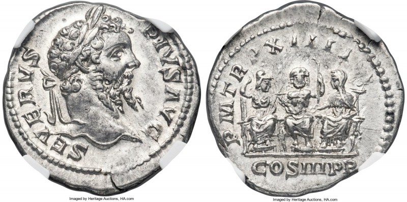 Septimus Severus (AD 193-211). AR denarius (19mm, 3.38 gm, 6h). NGC AU S 4/5 - 4...