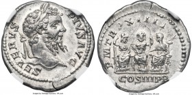 Septimus Severus (AD 193-211). AR denarius (19mm, 3.38 gm, 6h). NGC AU S 4/5 - 4/5. Rome, AD 206. SEVERVS-PIVS AVG, laureate head of Septimius Severus...