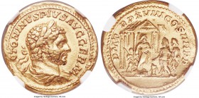 Caracalla, as Augustus (AD 198-217). AV aureus (20mm, 7.45 gm, 1h). NGC VF 5/5 - 2/5. Rome, AD 215. ANTONINVS PIVS AVG GERM, laureate, draped and cuir...