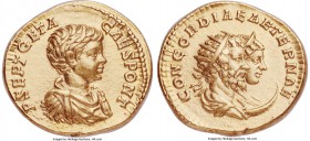 Geta, as Caesar (AD 209-211). AV aureus (20mm, 7.47 gm, 12h). NGC Choice XF 5/5 - 3/5. Rome, AD 201. P SEPT GETA-CAES PONT, bare headed, draped and cu...