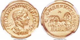 Elagabalus (AD 218-222). AV aureus (21mm, 6.68 gm, 5h). NGC Choice XF 5/5 - 3/5. Rome, AD 220-222. IMP ANTONINVS PIVS AVG, laureate, draped and cuiras...