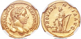 Severus Alexander (AD 222-235). AV aureus (20mm, 5.61 gm, 1h). NGC AU 5/5 - 4/5, Fine Style. Rome, AD 231. IMP ALEXAN-DER PIVS AVG, laureate head of S...