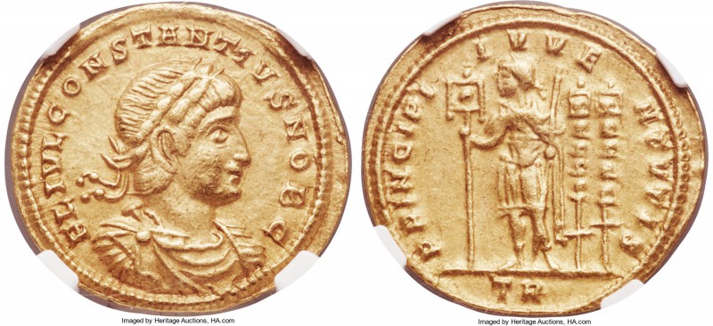 Constantius II, as Caesar (AD 337-361). AV solidus (21mm, 4.42 gm, 6h). NGC XF 4...