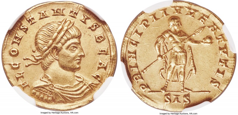 Constans, as Caesar (AD 337-350). AV solidus (20mm, 4.42 gm, 1h). NGC Choice XF ...
