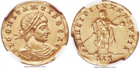 Constans, as Caesar (AD 337-350). AV solidus (20mm, 4.42 gm, 1h). NGC Choice XF S 5/5 - 5/5. Siscia, AD 335. FL CONSTANTIS BEA C, laureate, draped and...