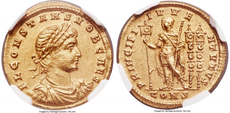 Constans, as Caesar (AD 337-350). AV solidus (21mm, 4.53 gm, 5h). NGC AU 4/5 - 4...