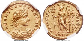 Constans, as Caesar (AD 337-350). AV solidus (21mm, 4.53 gm, 5h). NGC AU 4/5 - 4/5. Constantinople, AD 336-337. FL CONSTANS NOB CAES, laureate, draped...