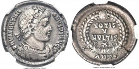 Valentinian I (AD 364-375). AR miliarensis (22mm, 4.89 gm, 10h). NGC VF 5/5 - 2/5, edge filed. Antioch, AD 367-375. D N VALENTINI-ANVS P F AVG, rosett...