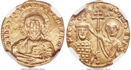John I Tzimisces (AD 969-976). AV histamenon nomisma (20mm, 3.57 gm, 6h). NGC AU 5/5 - 2/5, clipped. Constantinople, AD 970-973. + IhS XIS REX REGNANT...