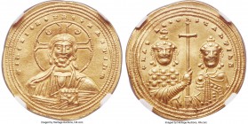 Basil II Bulgaroctonos (AD 976-1025), with Constantine VIII. AV histamenon nomisma (25mm, 4.44 gm, 6h). NGC Choice AU 5/5 - 4/5. Constantinople, AD 10...