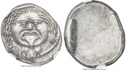 ETRURIA. Populonia. Ca. 3rd century BC. AR 20 asses (22mm, 8.11 gm). NGC Choice AU 4/5 - 4/5. Head of Metus facing as Gorgoneion, tongue protruding; X...