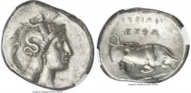 LUCANIA. Thurium. Ca. 350-300 BC. AR distater (29mm, 15.62 gm, 5h). NGC AU 4/5 - 4/5. Head of Athena right, wearing crested Attic helmet decorated wit...