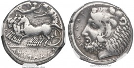 SICILY. Camarina. Ca. 425-405 BC. AR tetradrachm (25mm, 17.08 gm, 2h). NGC Choice Fine 5/5 - 4/5. Athena driving racing quadriga left, Nike flying rig...