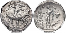 SICILY. Selinus. Ca. 440-409 BC. AR didrachm (25mm, 8.33 gm, 7h). NGC AU 4/5 - 3/5, overstruck. Nude Heracles to right pressing left knee against Cret...