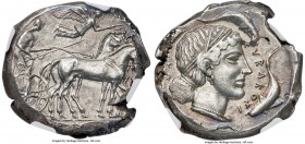SICILY. Syracuse. Second Democracy (ca. 466-405 BC). AR tetradrachm (26mm, 17.26 gm, 7h). NGC Choice AU 4/5 - 5/5. Ca. 450-440 BC. Charioteer driving ...