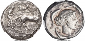 SICILY. Syracuse. Second Democracy (ca. 466-405 BC). AR tetradrachm (25mm, 17.32 gm, 8h). NGC XF 4/5 - 4/5. ca. 450-440 BC. Charioteer driving quadrig...