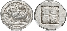 MACEDON. Acanthus. Ca. 470-430 BC. AR tetradrachm (28mm, 17.09 gm). NGC Choice AU 5/5 - 4/5. Lion springing right, attacking bull kneeling to left wit...