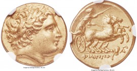 MACEDONIAN KINGDOM. Philip II (359-336 BC). AV stater (18mm, 8.54 gm, 8h). NGC AU 5/5 - 3/5. Lampsacus, under Philip III Arrhidaeus, 323-317 BC. Laure...