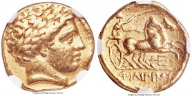 MACEDONIAN KINGDOM. Philip II (359-336 BC). AV stater (18mm, 8.44 gm, 4h). NGC Choice VF 5/5 - 1/5, ex-jewelry, test cut. Late lifetime-early posthumo...