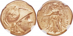MACEDONIAN KINGDOM. Philip III Arrhidaeus (323-317 BC). AV stater (17mm, 8.61 gm, 12h). NGC MS 5/5 - 4/5. Abydus, 323-317 BC. Head of Athena right, we...