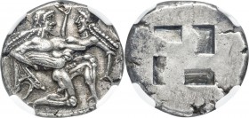THRACIAN ISLANDS. Thasos. Ca. 500-450 BC. AR stater (22mm, 9.68 gm). NGC AU S 5/5 - 4/5. Thasian standard. Nude ithyphallic satyr running right, carry...