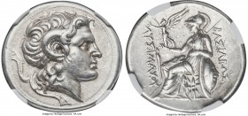 THRACIAN KINGDOM. Lysimachus (305-281 BC). AR tetradrachm. (30mm, 16.95 gm, 11h). NGC Choice XF S 5/5 - 5/5. Lampsacus. Diademed head of deified Alexa...