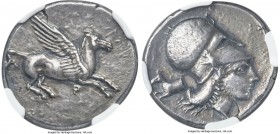 CORINTHIA. Corinth. Ca. 400-375 BC. AR stater (23mm, 8.65 gm, 6h). NGC AU S 5/5 - 4/5. Pegasus flying right, Ϙ below / Helmeted head of Athena right; ...
