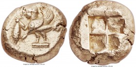 MYSIA. Cyzicus. Ca. 550-450 BC. EL stater (19mm, 16.10 gm). NGC Choice XF 4/5 - 4/5. Harpy standing left on dotted ground line (top of column?), plume...