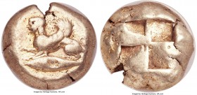 MYSIA. Cyzicus. Ca. 550-450 BC. EL stater (19mm, 16.05 gm). NGC Choice Fine 5/5 - 4/5. Sphinx crouching left, raising forepaw, on tunny fish left / Qu...