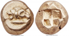 MYSIA. Cyzicus. Ca. 550-500 BC. EL stater (18mm, 16.03 gm). NGC VF 5/5 - 5/5. Conjoined heads of lion (left) and ram (right) back-to-back; tunny fish ...