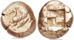 MYSIA. Cyzicus. Ca. 500-450 BC. EL stater (18mm, 15.99 gm). NGC XF 4/5 - 4/5, countermark. Forepart of winged stag left; tunny fish diagonally left be...