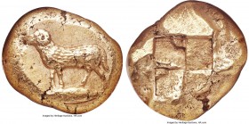 MYSIA. Cyzicus. Ca. 500-450 BC. EL stater (19mm, 16.08 gm). NGC Choice XF 4/5 - 4/5. Ram standing left; on tunny fish left / Quadripartite 'mill-sail'...