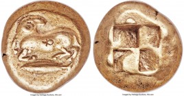 MYSIA. Cyzicus. Ca. 550-500 BC. EL stater (18mm, 16.00 gm). NGC VF 5/5 - 4/5, countermark. Ram crouching left, head reverted; on tunny fish left, ankh...