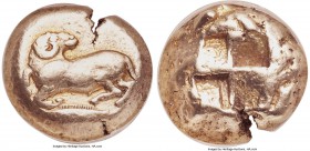 MYSIA. Cyzicus. Ca. 550-500 BC. EL stater (17mm, 16.05 gm). NGC VF 4/5 - 4/5. Ram crouching left, head reverted; on tunny fish left / Quadripartite in...